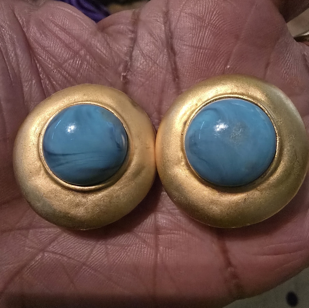 Vintage Matte Gold-Tone Earrings with Turquoise Blue Cabochon